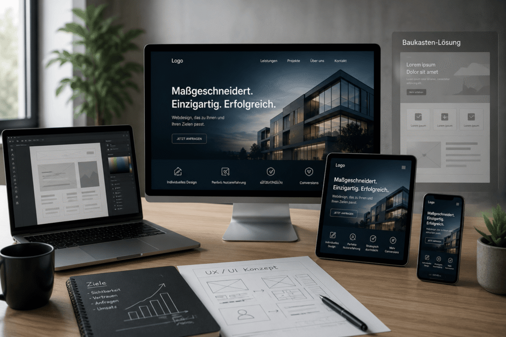 Moderner Design-Arbeitsplatz mit responsiven Website-Entwürfen auf Desktop, Tablet und Smartphone als Symbol für individuelles Webdesign und UX/UI-Entwicklung in Ulm.