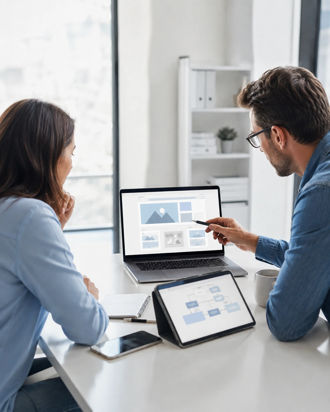 Webdesigner und Kundin planen gemeinsam eine professionelle Website am Laptop.