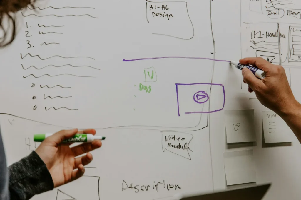 Zwei Personen planen an einem Whiteboard: Häufige Fragen zur Landingpage in Ulm