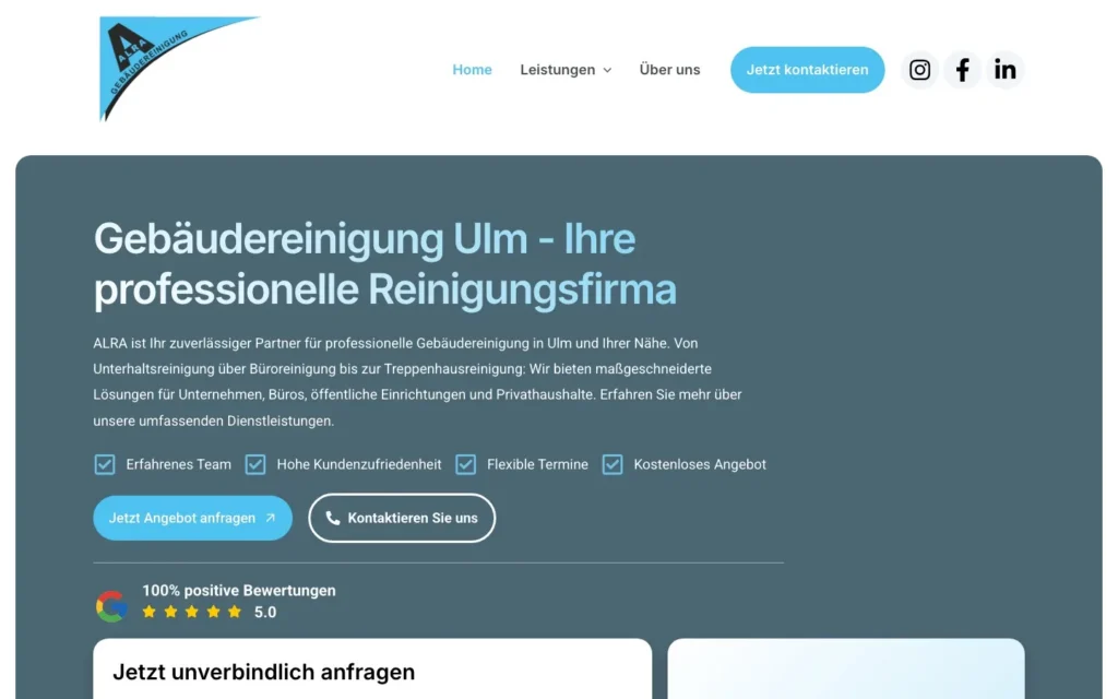 Startseite der Website alra-ulm.net: Gebäudereinigung Ulm mit Angebotsformular und Google-Bewertungen