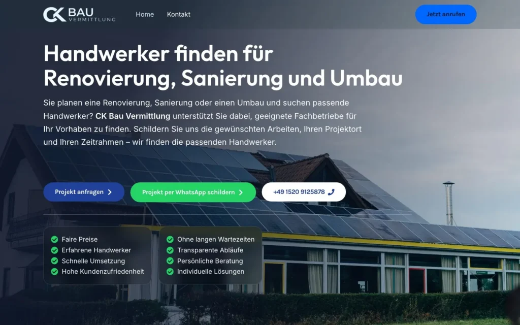 Startseite der Website ck-bau-vermittlung.de: Handwerker finden für Renovierung, Sanierung und Umbau