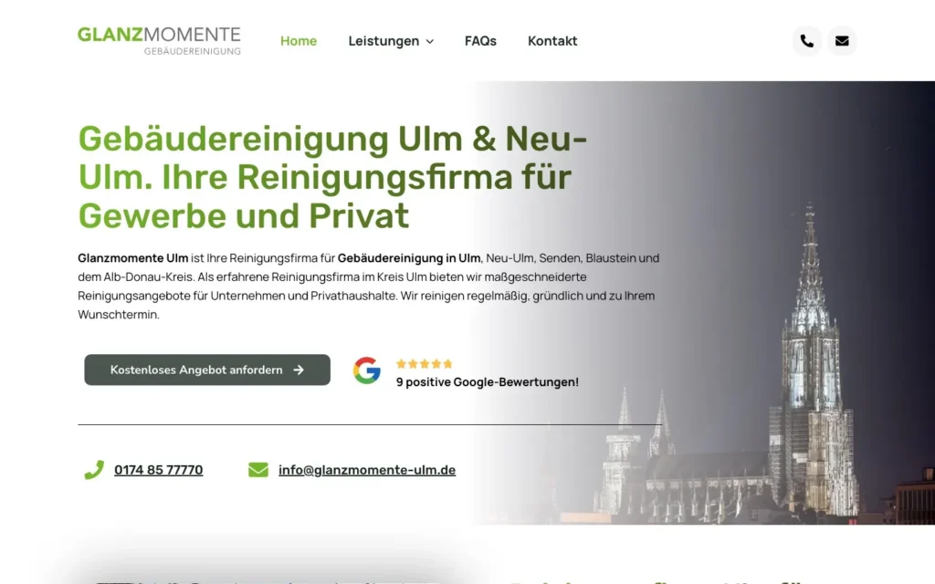 Startseite der Website glanzmomente-ulm.de: Gebäudereinigung Ulm und Neu-Ulm mit Ulmer Münster im Hintergrund