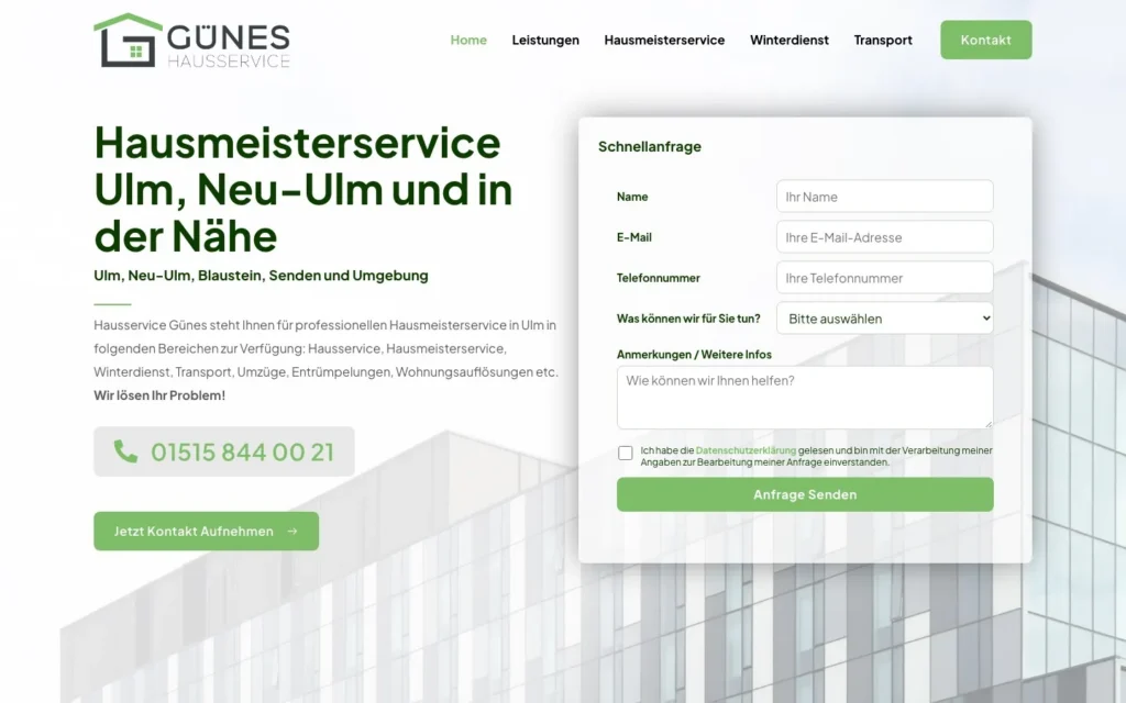 Startseite der Website hausservice-gunes.de: Hausmeisterservice Ulm und Neu-Ulm mit Schnellanfrage-Formular