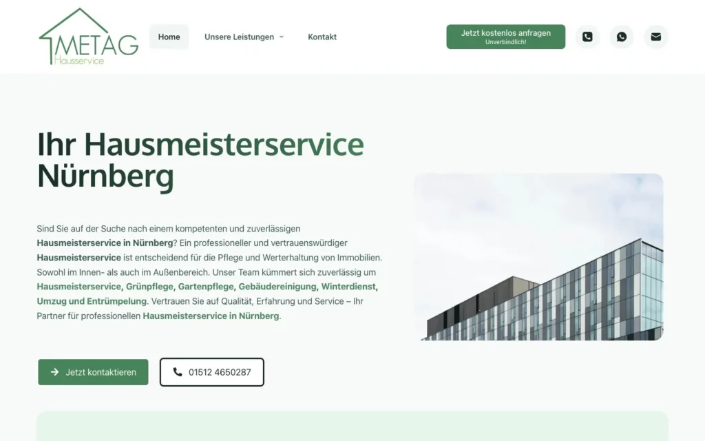 Startseite der Website metag-hausservice.de: Hausmeisterservice mit Leistungsübersicht und Kontakt per Telefon und WhatsApp
