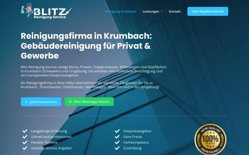 Startseite der Website reinigung-krumbach.de: Reinigungsfirma in Krumbach mit Festpreisangebot und WhatsApp-Kontakt