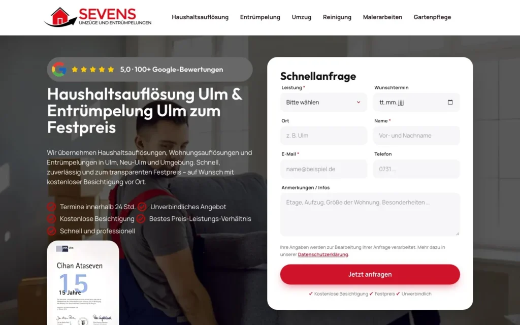 Startseite der Website ulm-entruempelungen.de: Haushaltsauflösung und Entrümpelung Ulm zum Festpreis