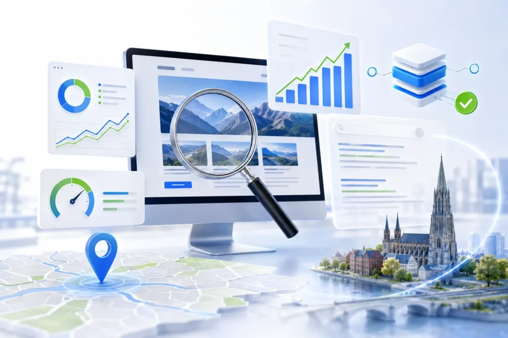 SEO-Auswertung auf Monitor mit Karte und Ulmer Münster