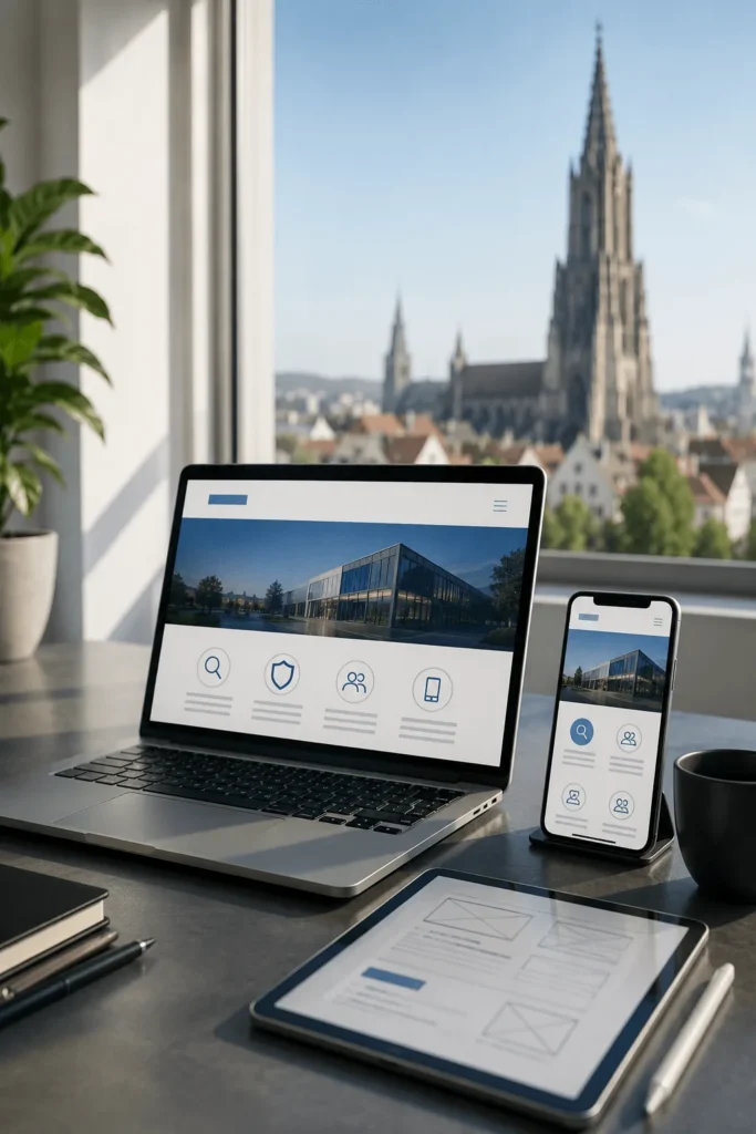 Responsive Website auf Laptop, Tablet und Smartphone mit Blick auf das Ulmer Münster